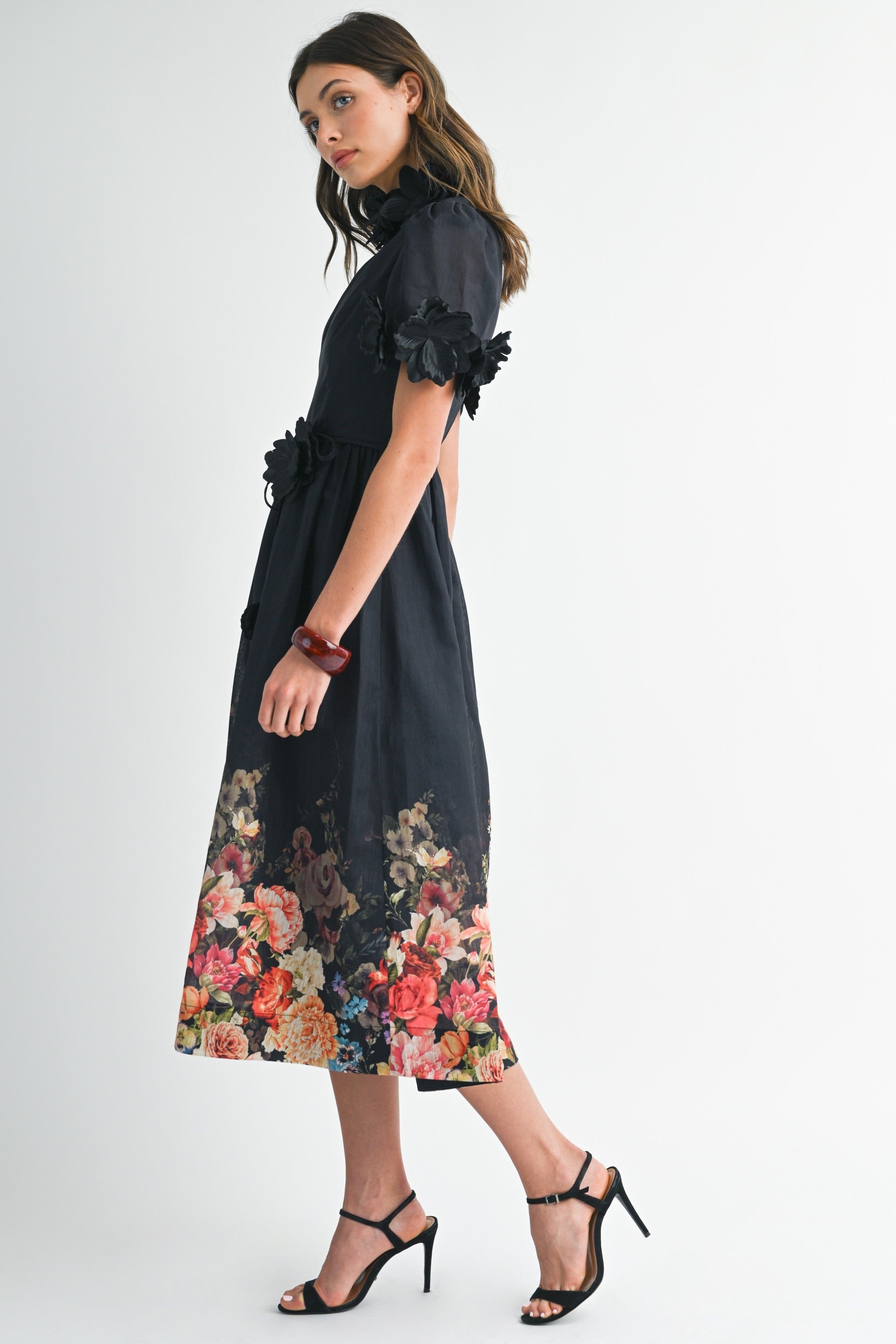 3D Floral Trim High Neck Short Sleeve Midi Dress - EB Luxe - RARA Boutique 