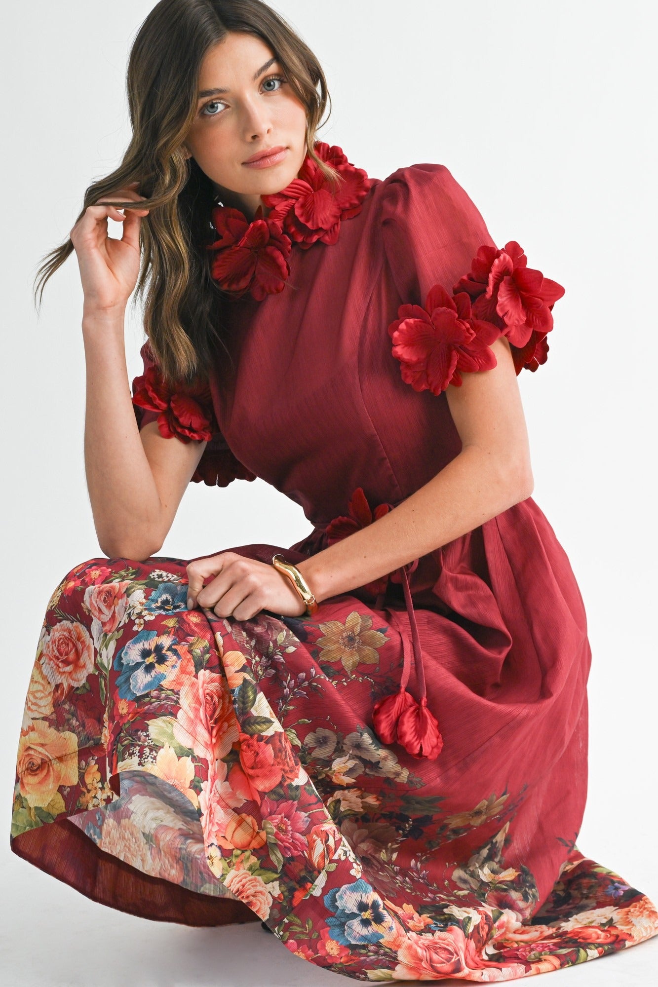 3D Floral Trim High Neck Short Sleeve Midi Dress - EB Luxe - RARA Boutique 