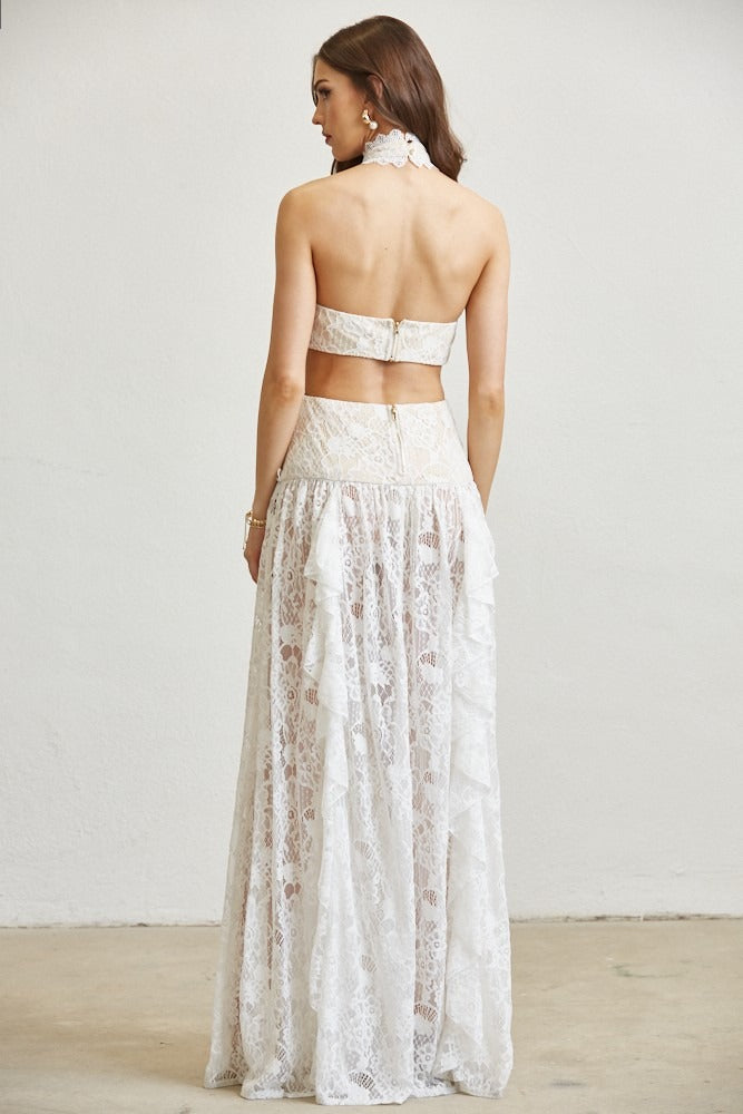 Lace Ruffle Drop Waist Maxi Dress with Cutouts - BLITHE - RARA Boutique 
