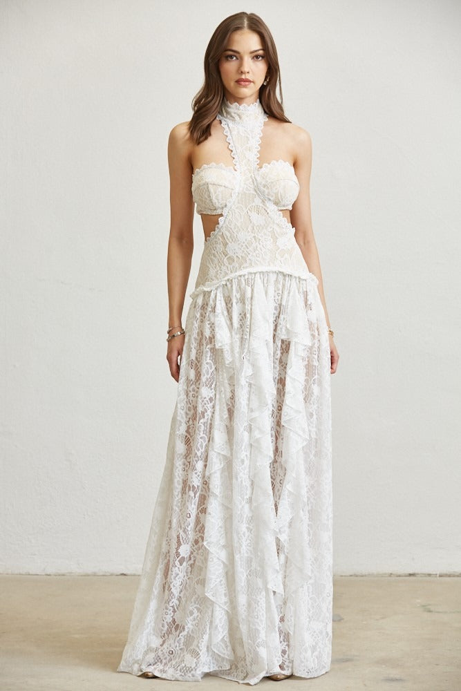 Lace Ruffle Drop Waist Maxi Dress with Cutouts - BLITHE - RARA Boutique 