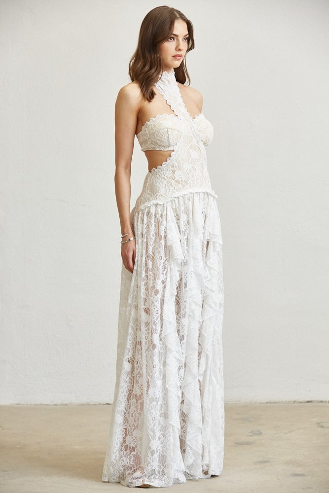 Lace Ruffle Drop Waist Maxi Dress with Cutouts - BLITHE - RARA Boutique 