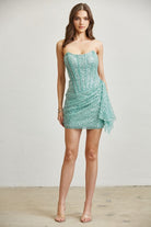 Strapless Sequin Glitter Mesh Corset Mini Dress with Draped Skirt - BLITHE - RARA Boutique 
