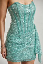Strapless Sequin Glitter Mesh Corset Mini Dress with Draped Skirt - BLITHE - RARA Boutique 