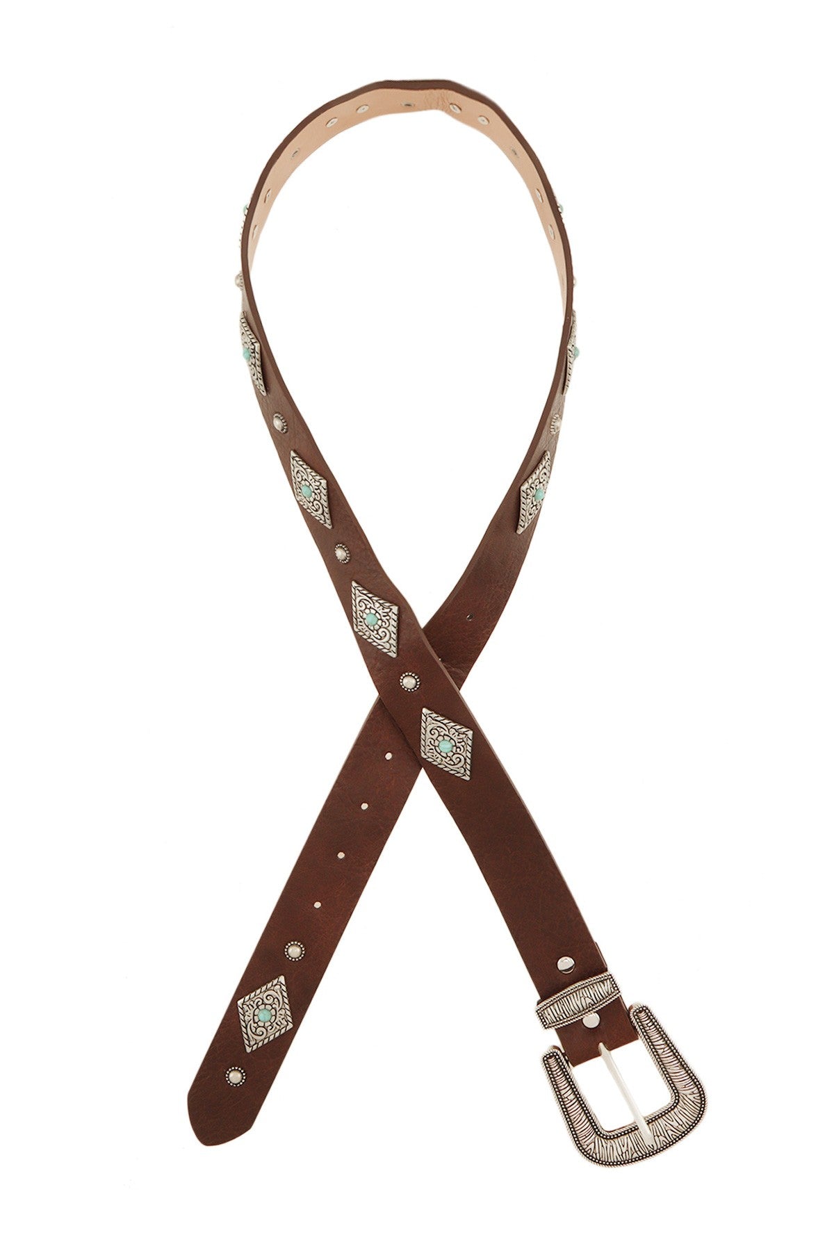 Turquoise beaded Western diamond concho leather belt with silver accents and intricate beadwork, styled for a Western-inspired look.