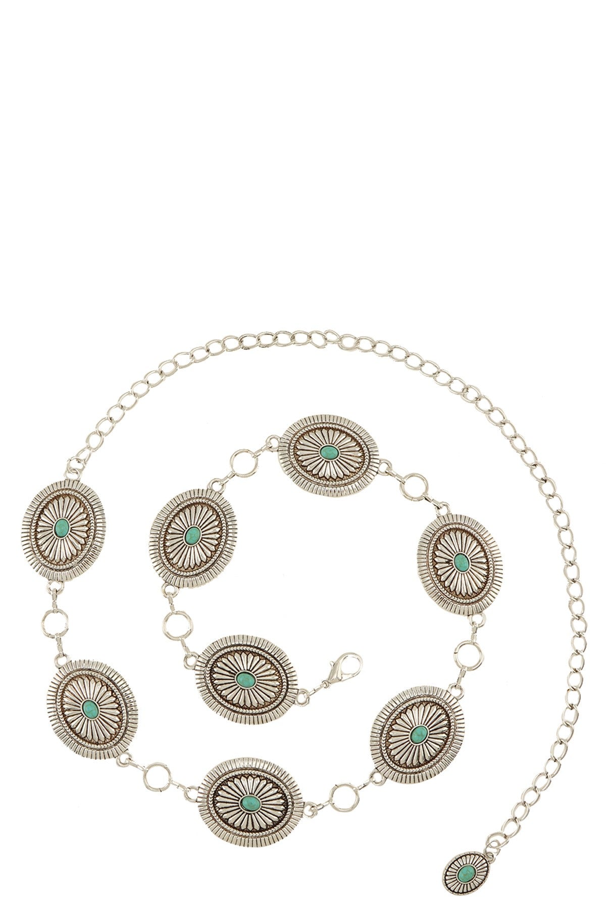 Turquoise studded western engraved disc chain belt with silver hardware, featuring detailed western-inspired designs and decorative embellishments.