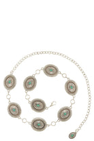 Turquoise studded western engraved disc chain belt with silver hardware, featuring detailed western-inspired designs and decorative embellishments.