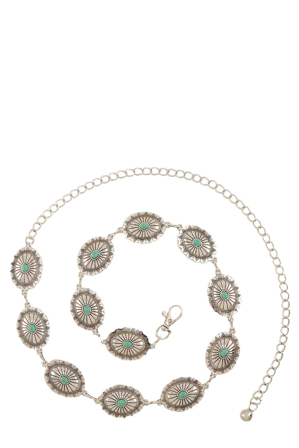 Turquoise studded western engraved disc chain belt with silver-tone hardware and detailed craftsmanship, by RARA Boutique.