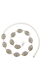 Turquoise studded western engraved disc chain belt with silver-tone hardware, detailed design, and adjustable length.