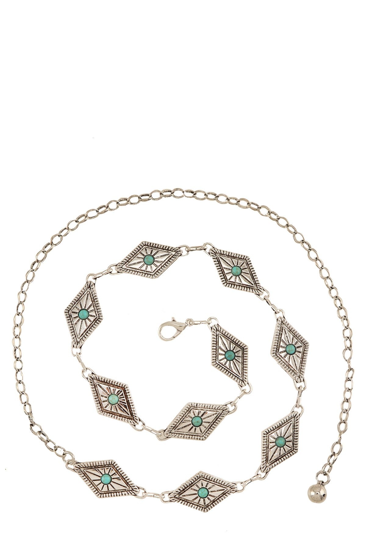 Turquoise studded western engraved disc chain belt with detailed metalwork, perfect for boho and western fashion styles.