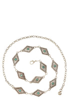 Turquoise studded Western engraved disc chain belt with metal details, over a neutral background.