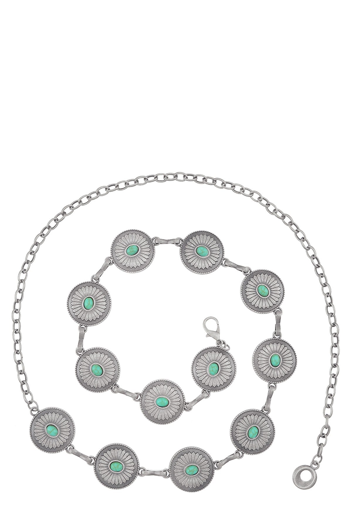 Turquoise studded western engraved disc chain belt with silver-tone details, featuring intricate designs and a stylish boho look.