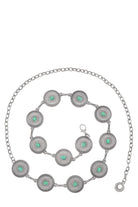 Turquoise studded western engraved disc chain belt with silver-tone hardware, crafted by RARA Boutique for a stylish western look.