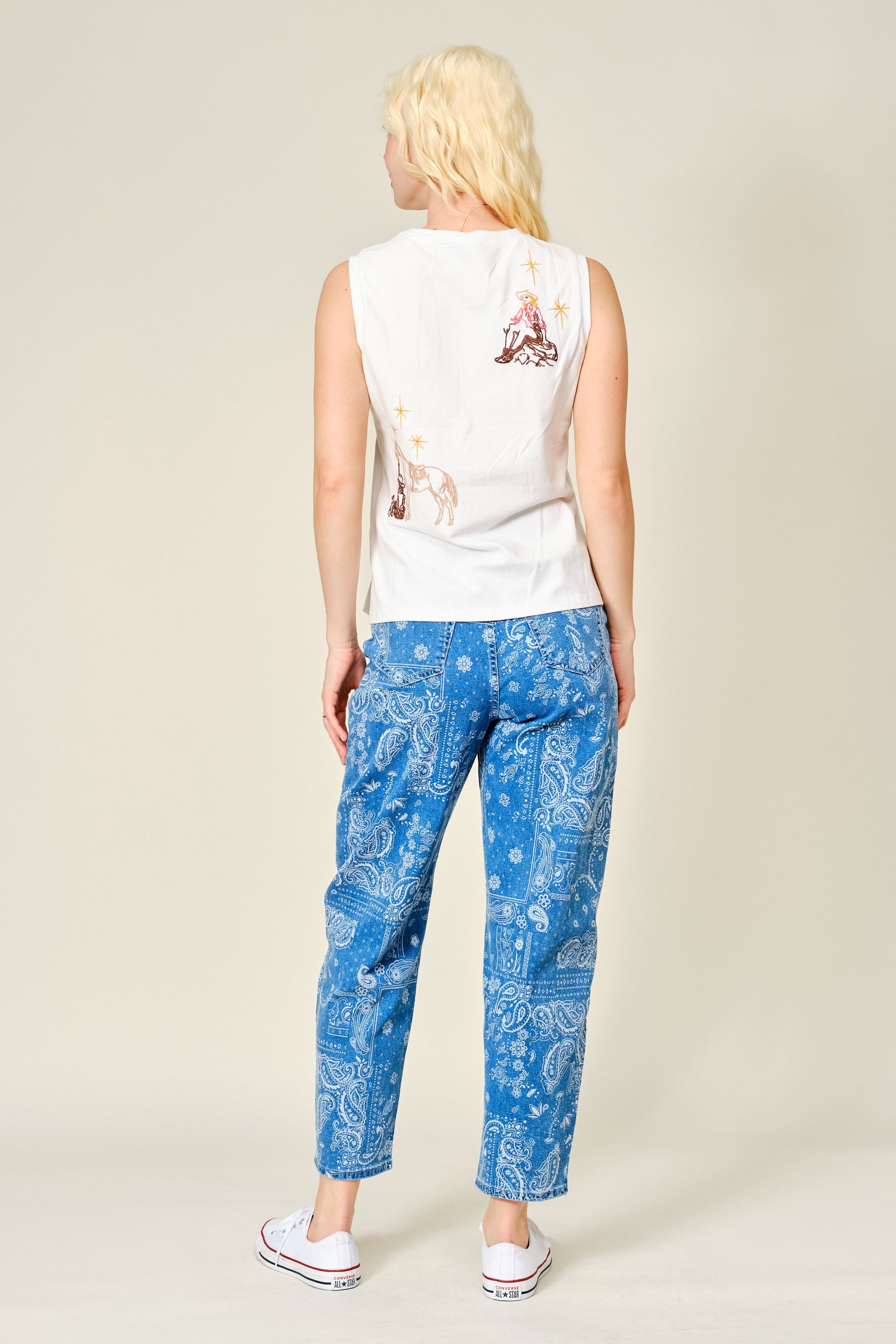 Blue embroidered Western Cowgirl Tank Top from RARA Boutique featuring western-inspired embroidery and sleeveless design.