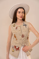 Western Embroidered Denim Vest Top - Blue B - RARA Boutique 