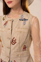 Western Embroidered Denim Vest Top - Blue B - RARA Boutique 