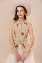 Western Embroidered Denim Vest Top - Blue B - RARA Boutique 