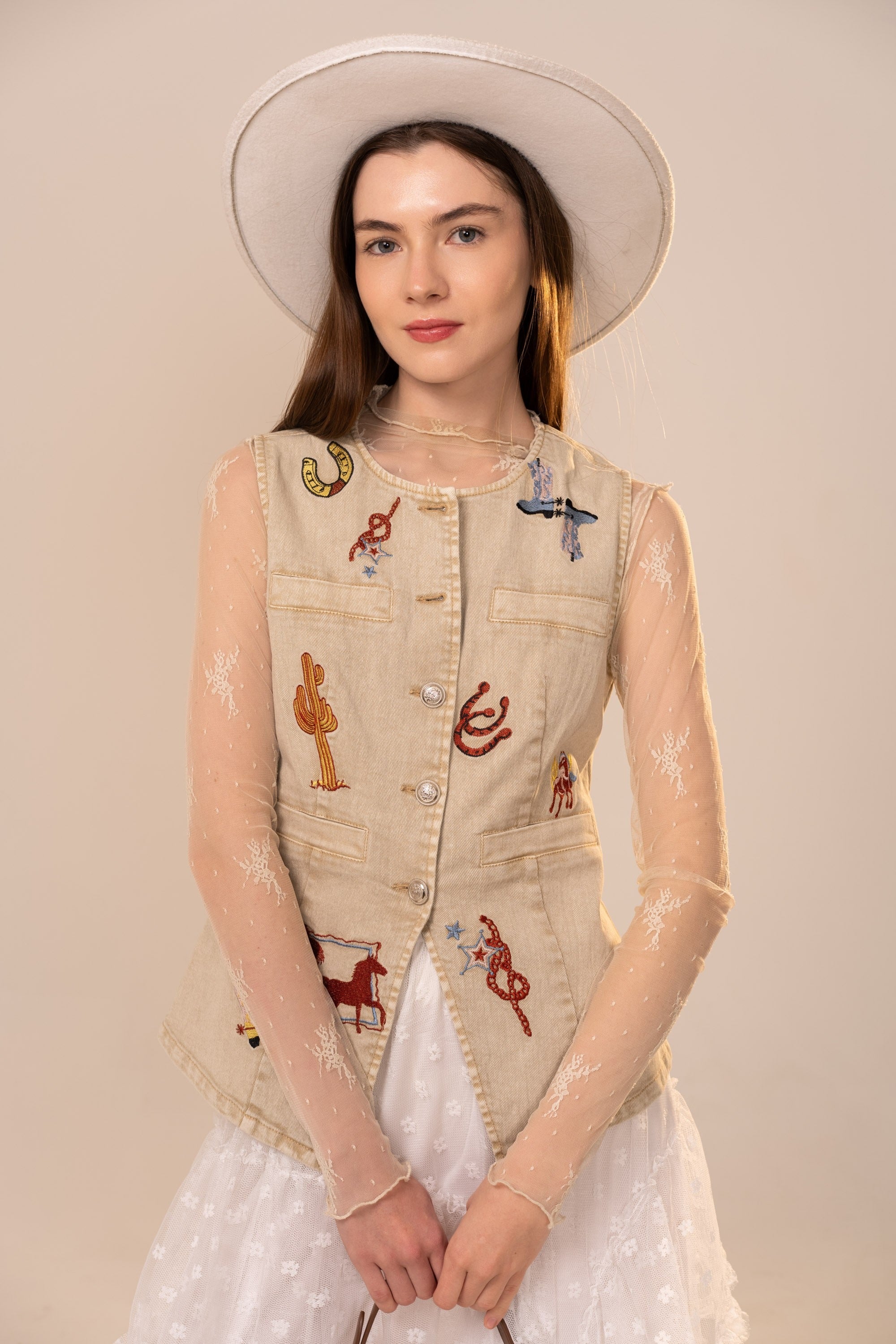 Western Embroidered Denim Vest Top - Blue B - RARA Boutique 