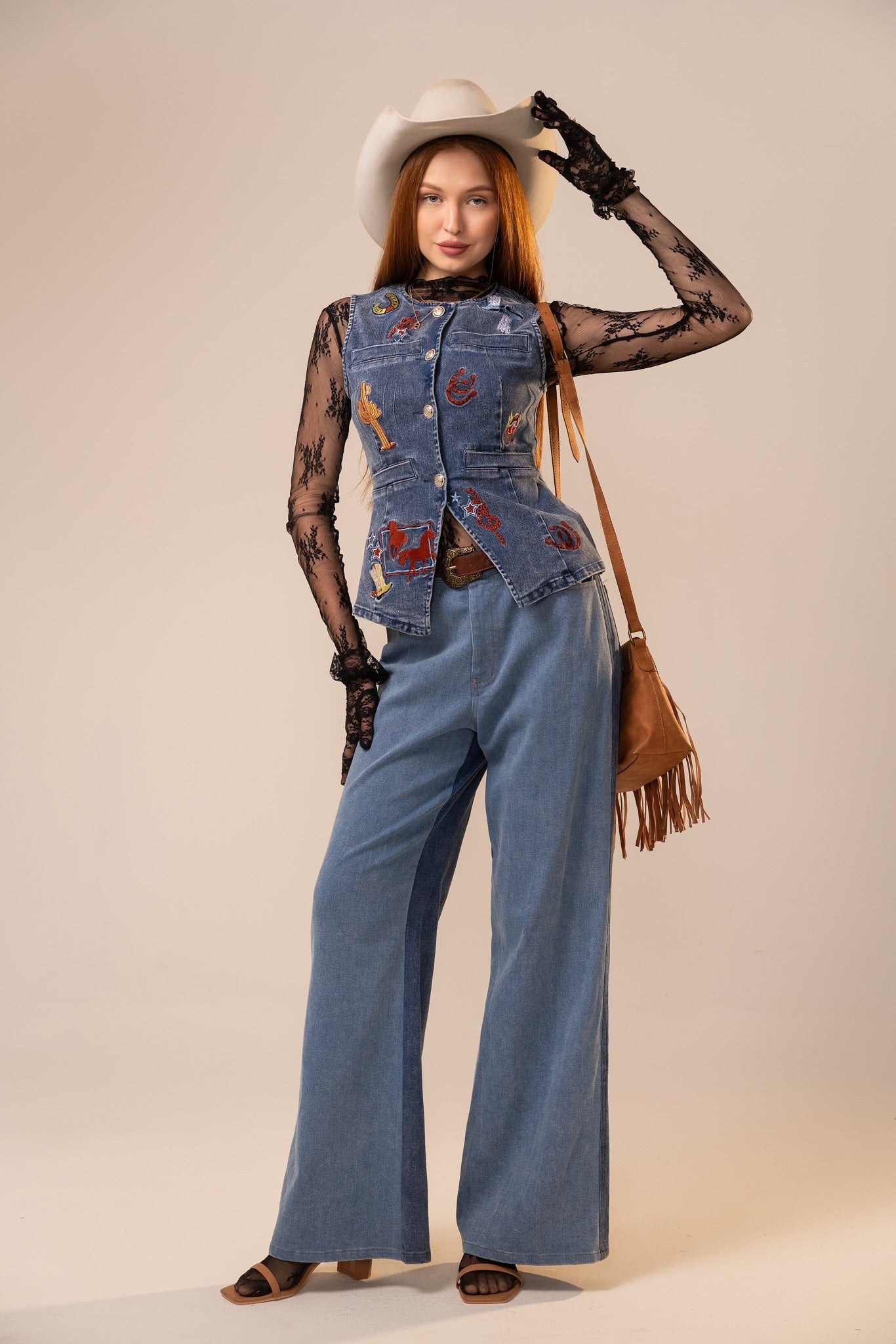 Western Embroidered Denim Vest Top - Blue B - RARA Boutique 