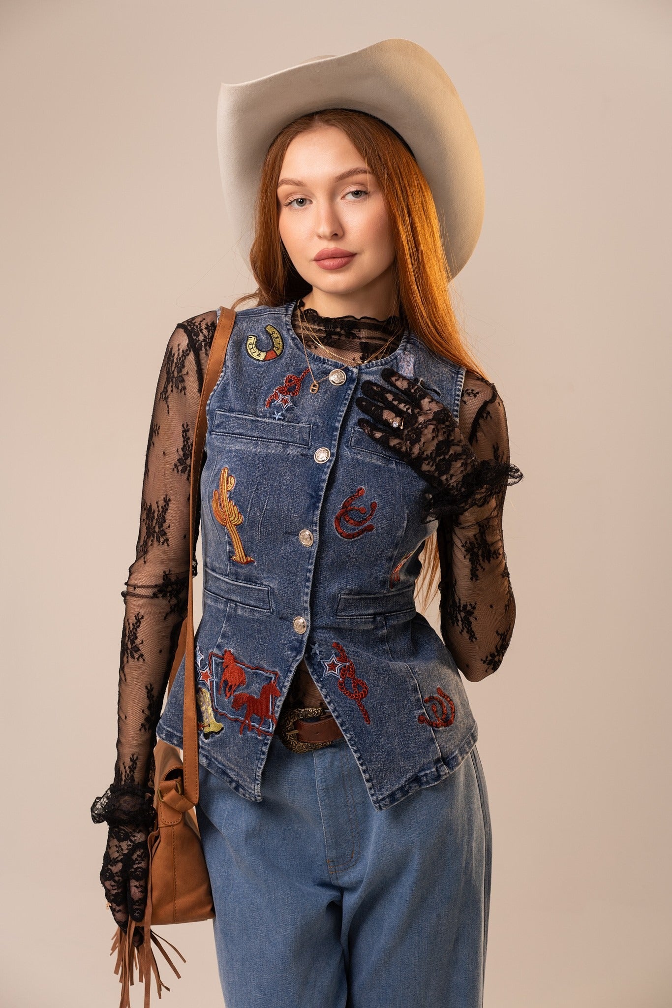 Western Embroidered Denim Vest Top - Blue B - RARA Boutique 