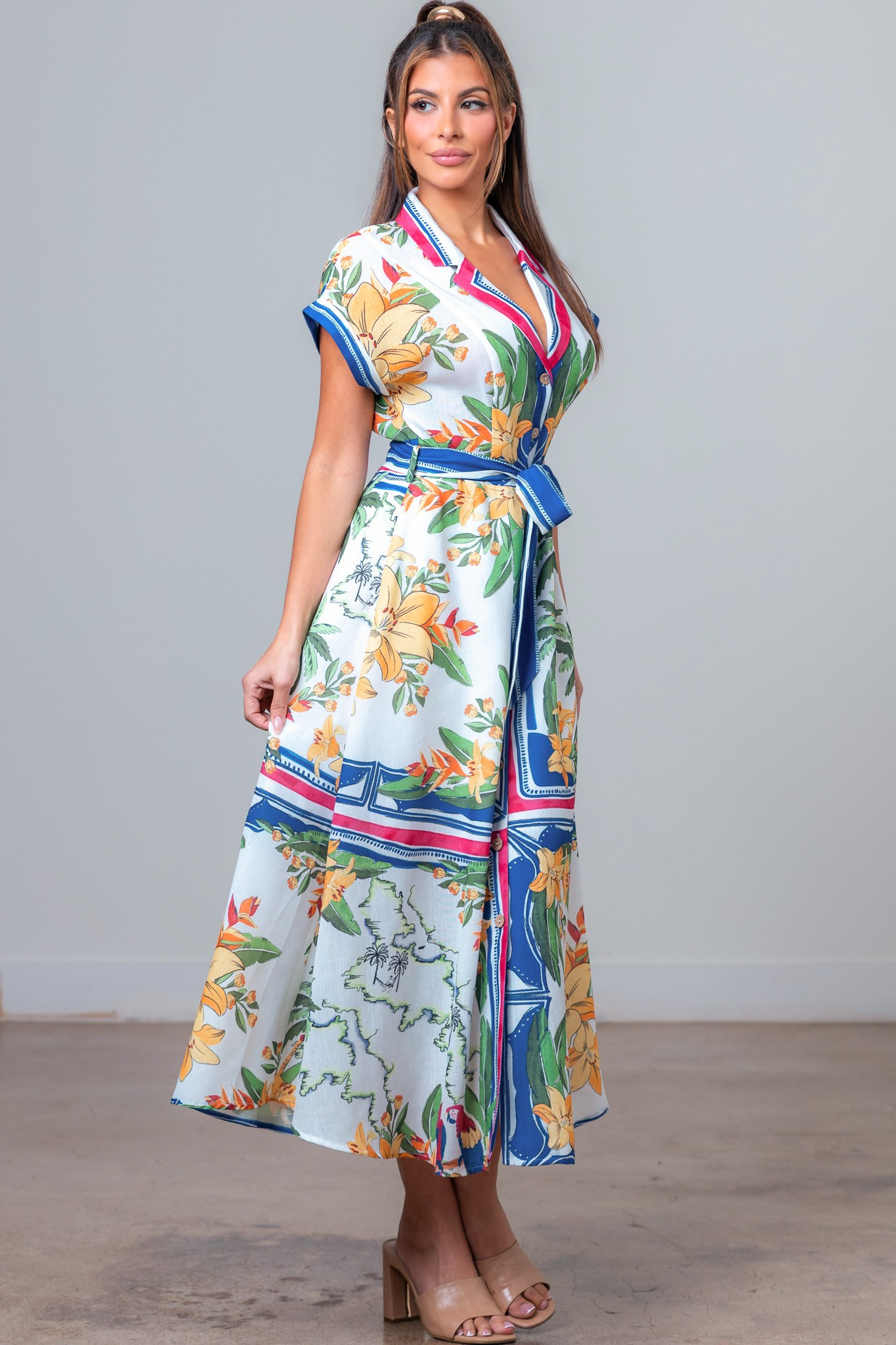 Island Palms & Floral Button-Front Midi Dress - Taelynn - RARA Boutique 