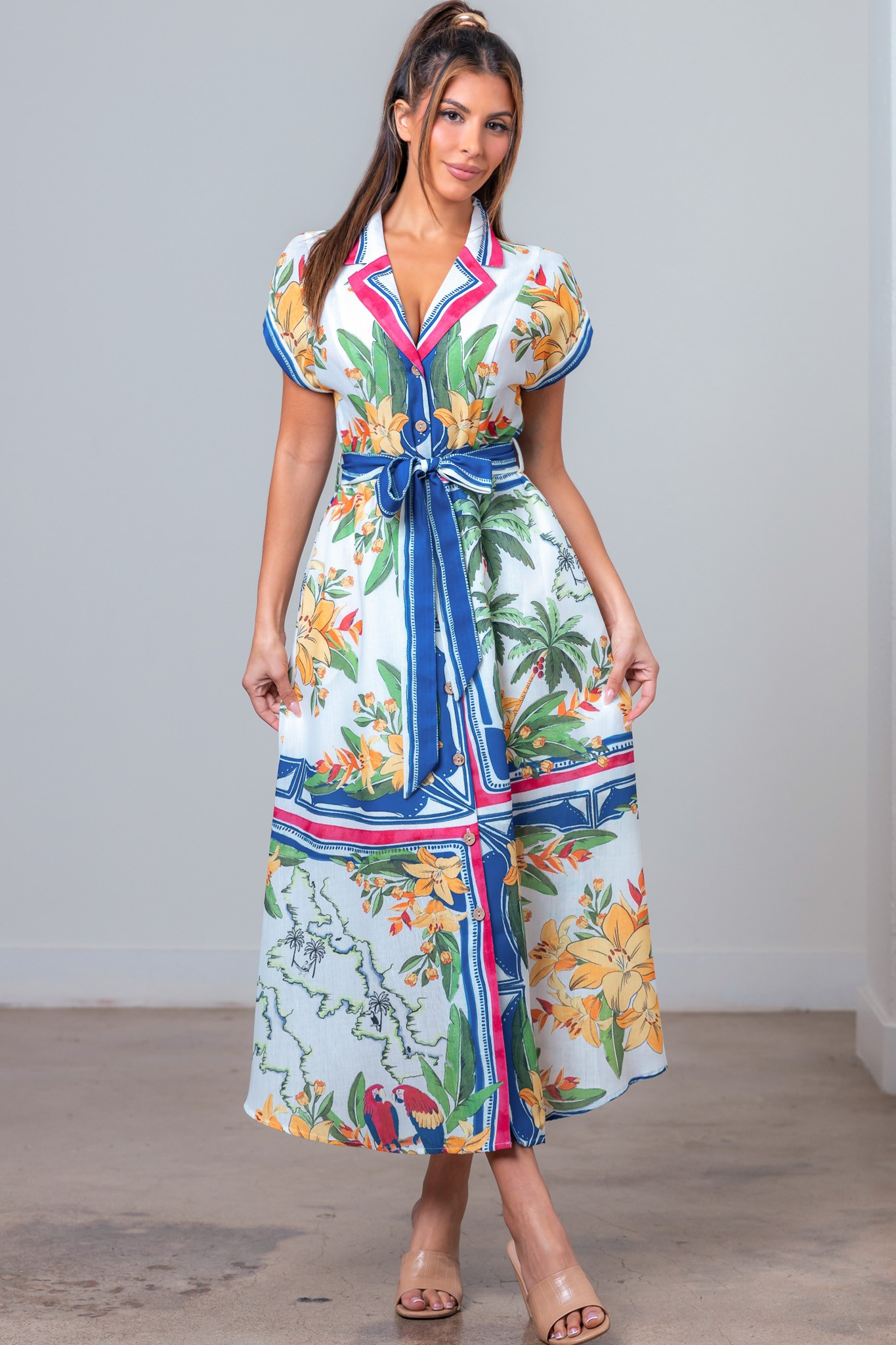 Island Palms & Floral Button-Front Midi Dress - Taelynn - RARA Boutique 