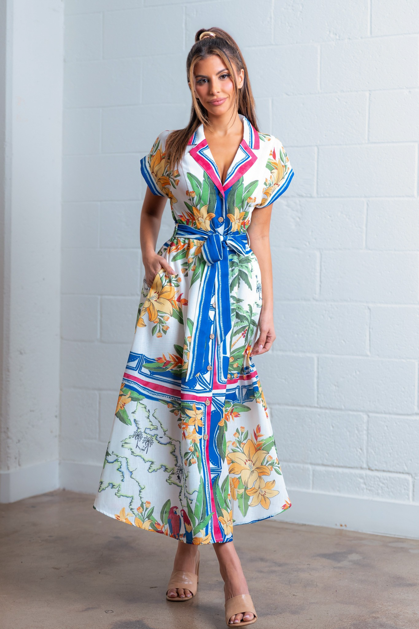 Island Palms & Floral Button-Front Midi Dress - Taelynn - RARA Boutique 