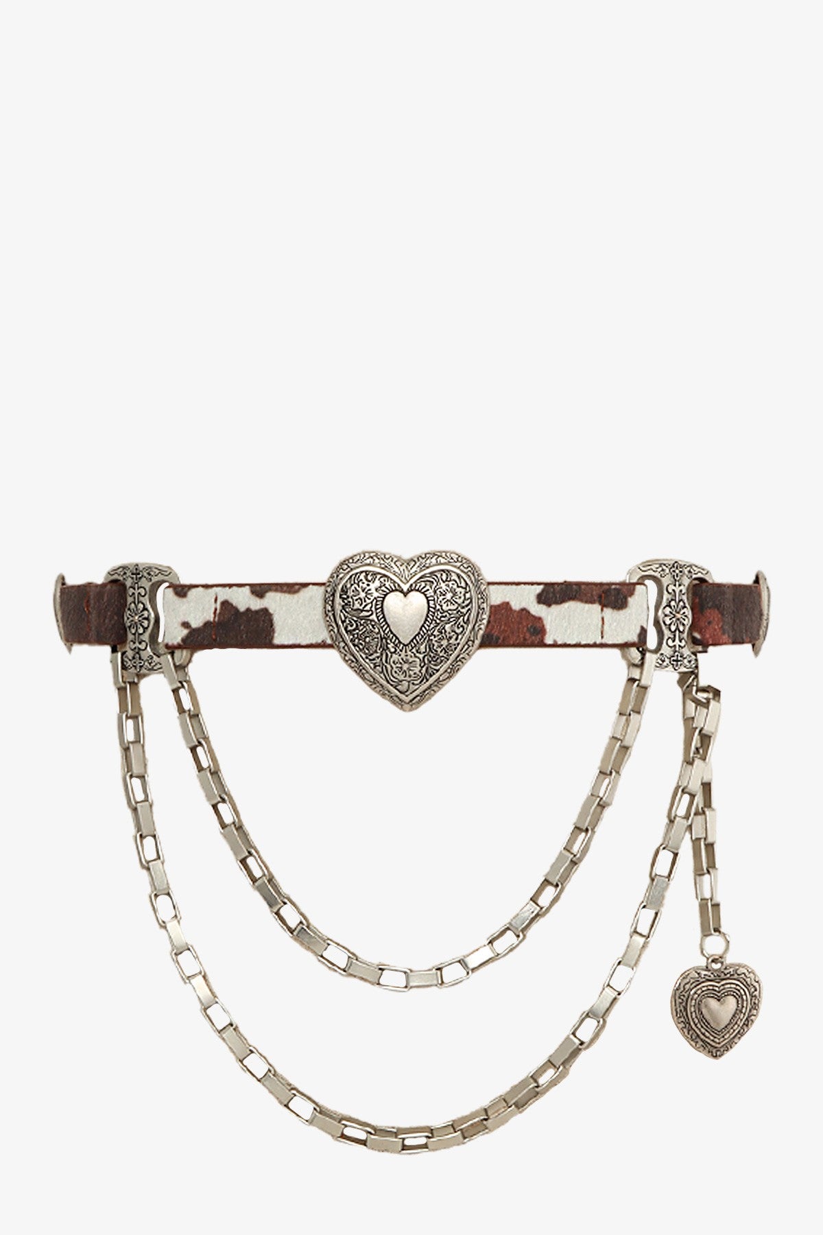 Engraved heart concho western cowhide chain belt with metal accents, featuring detailed engravings and a classic western style.