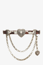 Engraved heart concho western cowhide chain belt with metal accents, featuring detailed engravings and a classic western style.