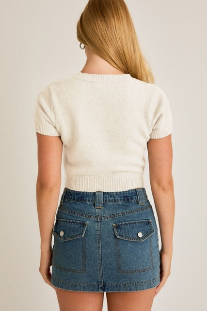 Short Sleeve Crew Neck Teddy Bear Sweater Crop Top - Le Lis - RARA Boutique 