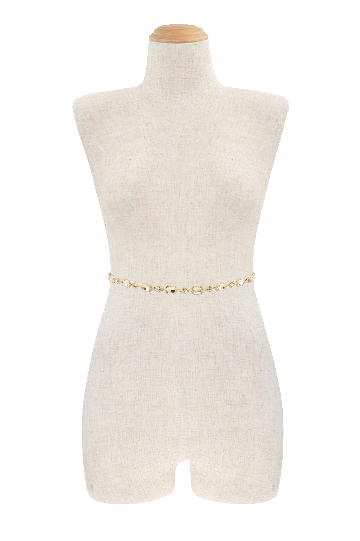 Emerald-cut crystal chain belt from RARA Boutique featuring sparkling crystal links and a sleek design for stylish wear.