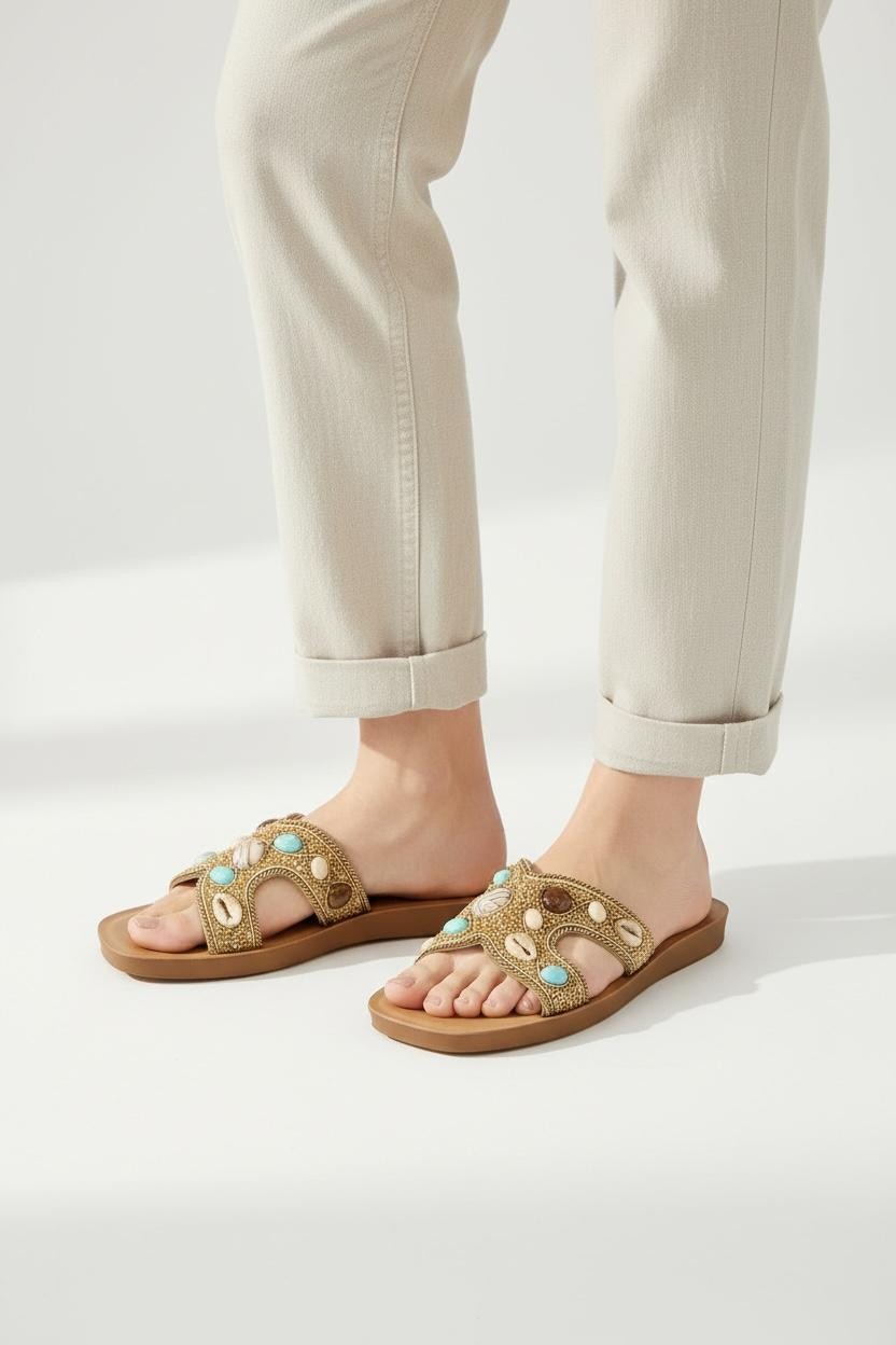 RARA Boutique Seashell and beaded boho H-strap slide sandals with woven sole and decorative seashell accents.