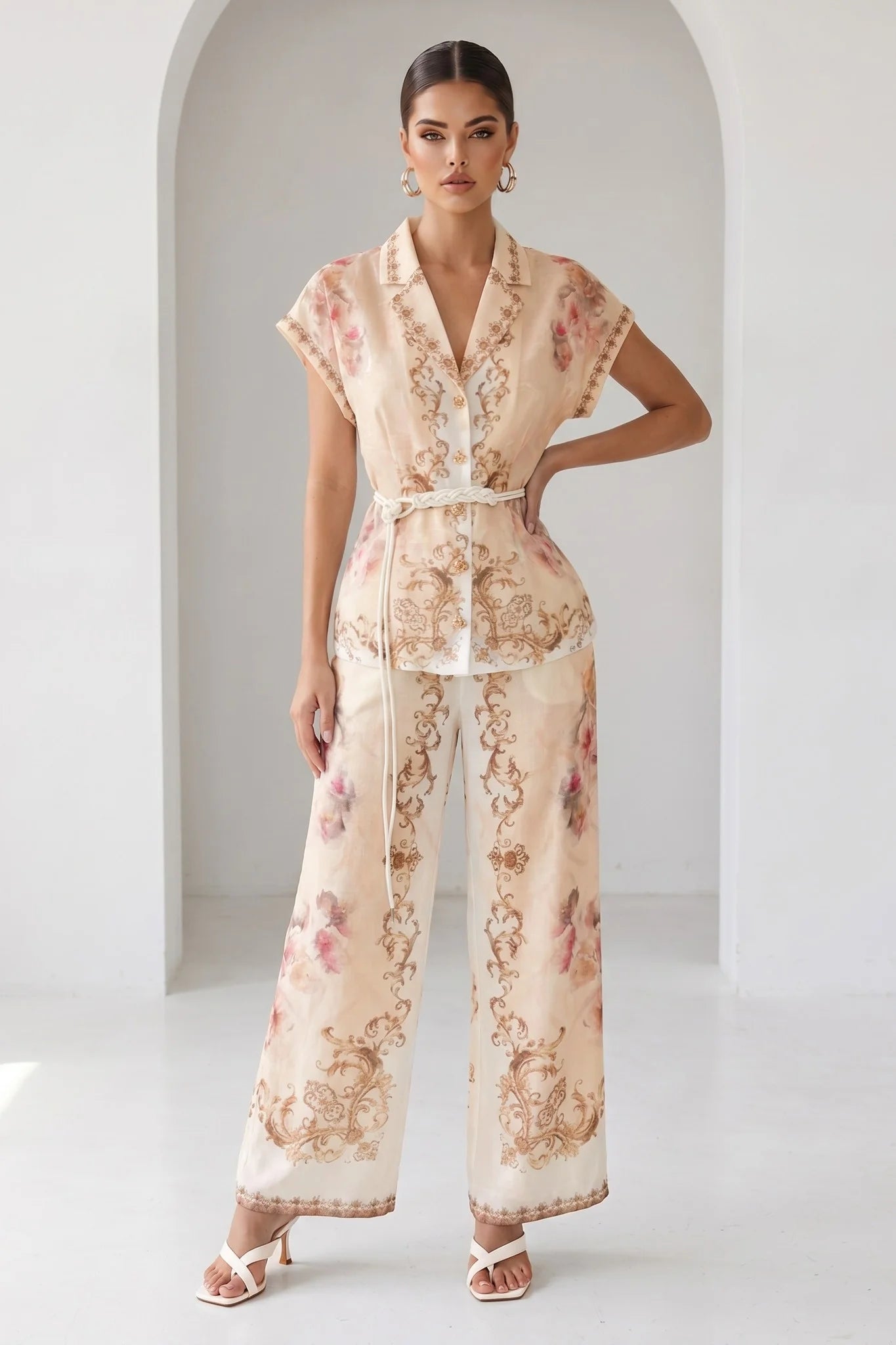RARA Boutique watercolor floral baroque border blouse with button-down front and matching belt in peach, featuring delicate floral patterns.