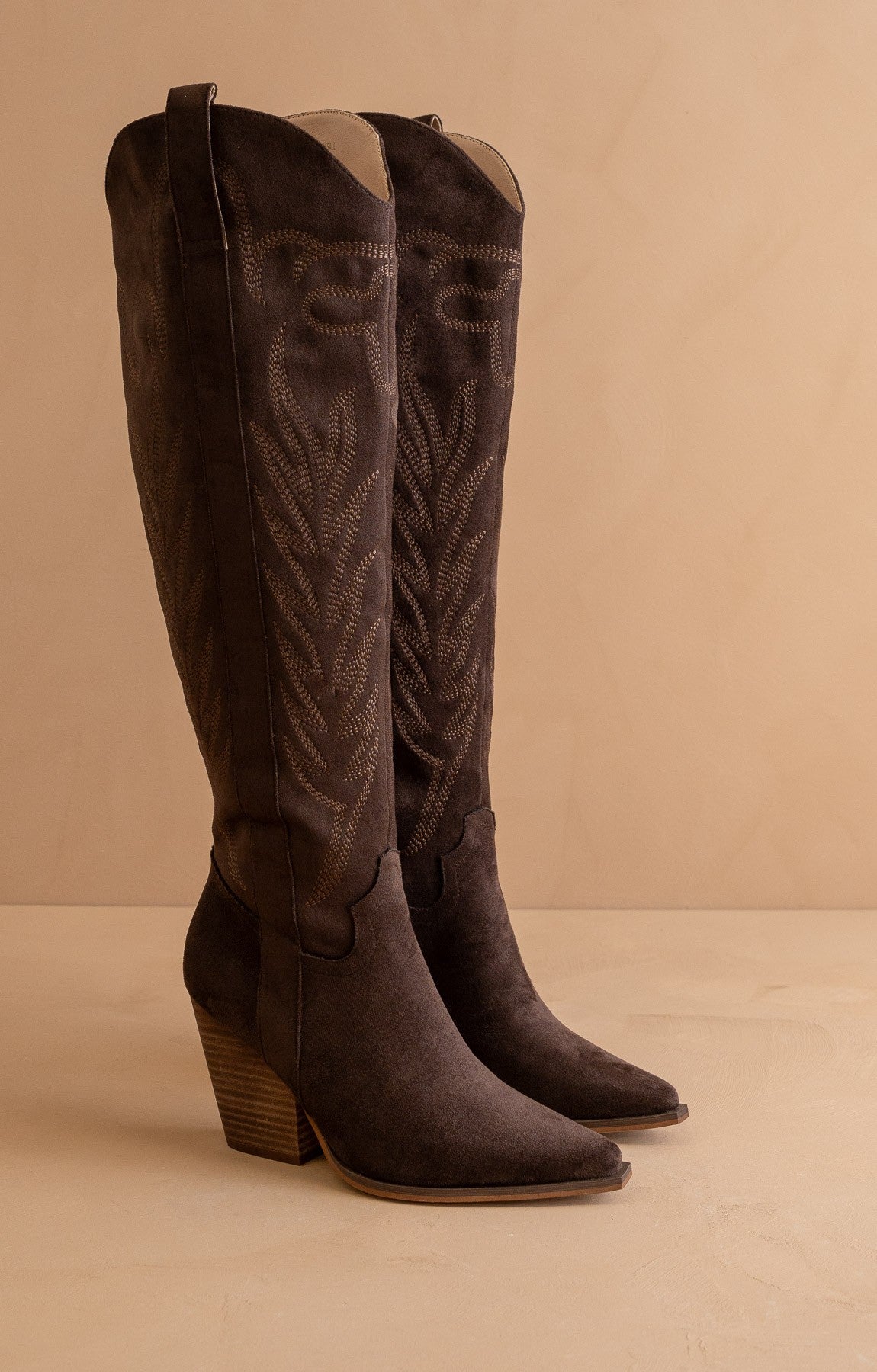 Tall knee-high western embroidered pointed toe boots by RARA Boutique featuring intricate embroidery and a sleek leather finish.