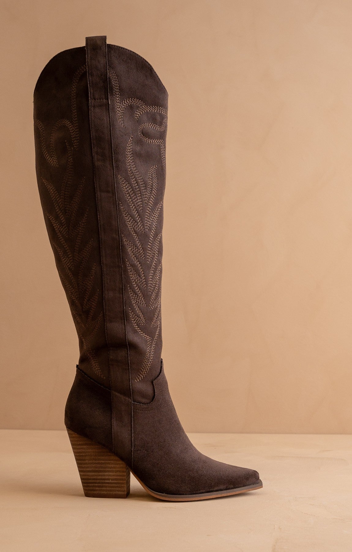 Tall knee-high Western embroidered pointed toe boots by RARA Boutique featuring intricate embroidery and Western style details.