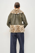 RARA Boutique leopard fur trim cropped leather jacket in black, front view