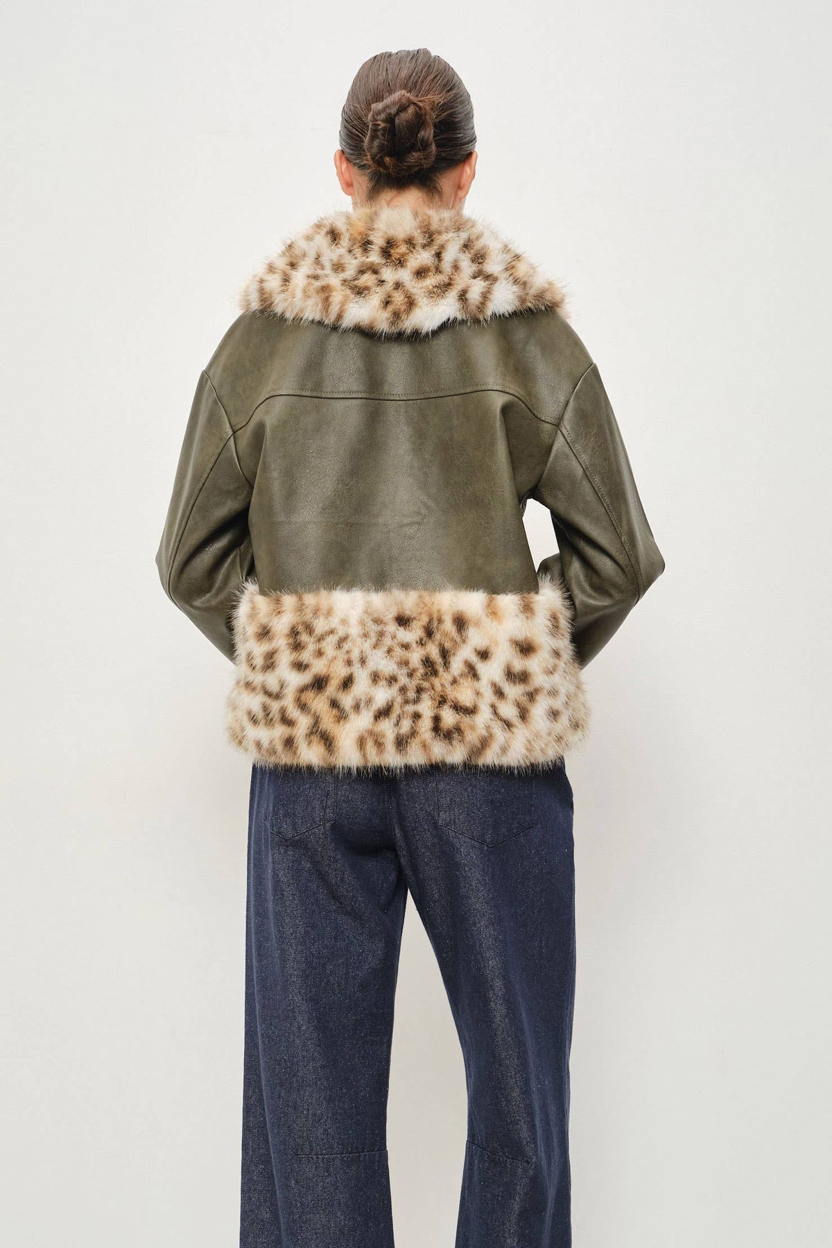 RARA Boutique leopard fur trim cropped leather jacket in black, front view