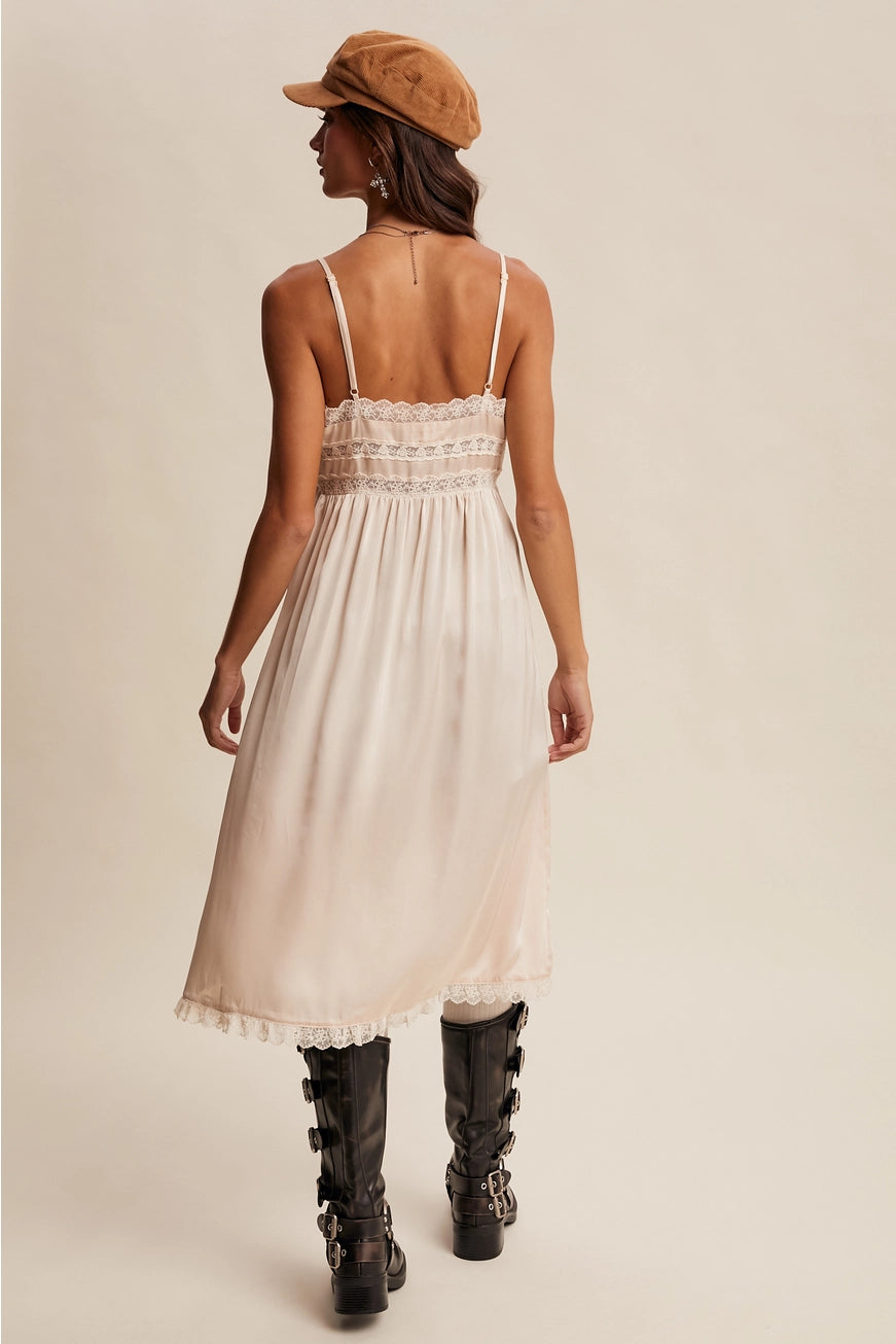 RARA Boutique satin lace trim maxi cami top with elegant design, lightweight fabric, and delicate lace details.