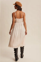 RARA Boutique satin lace trim maxi cami top with elegant design, lightweight fabric, and delicate lace details.