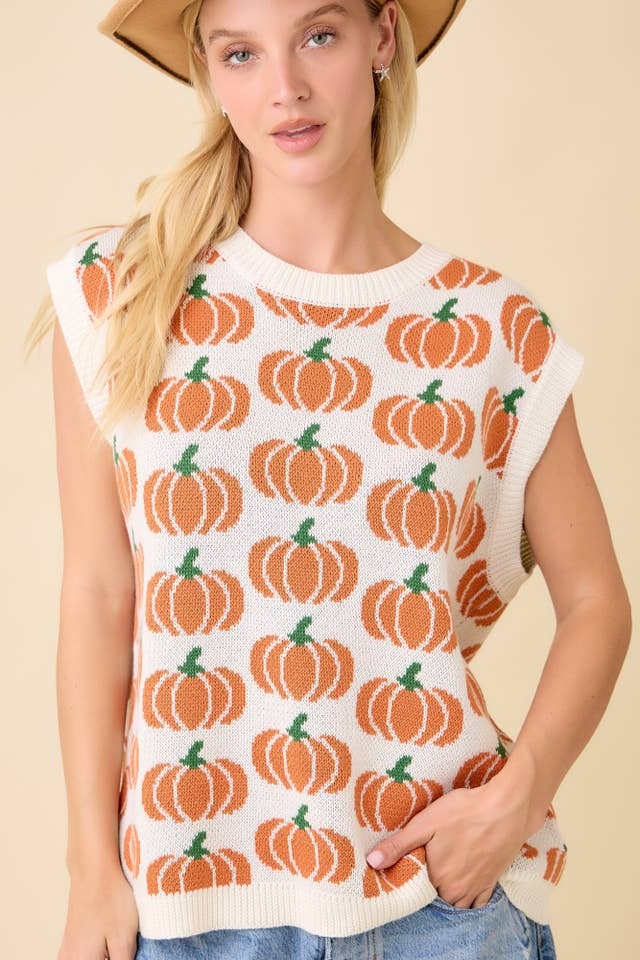 Pumpkin Print Knit Sweater Vest Sleeveless Top - Main Strip - RARA Boutique 