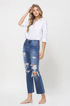 Distressed High Rise Ankle Straight Leg Jeans - Flying Monkey - RARA Boutique 