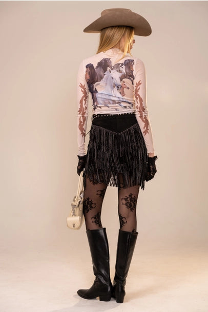 Blue Wild Horse Pack Print Mesh Mock Neck Blouse by RARA Boutique featuring a stylish, lightweight mesh fabric and mock neck design.