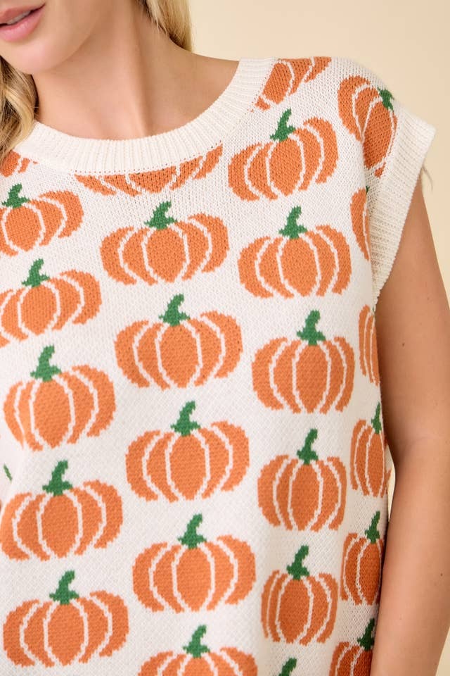 Pumpkin Print Knit Sweater Vest Sleeveless Top - Main Strip - RARA Boutique 