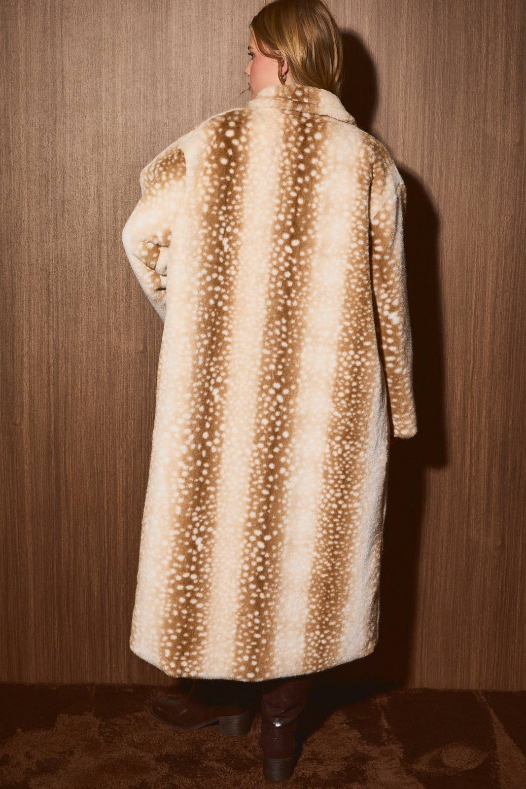 Le Lis deer print longline plush fur coat jacket in brown and cream, RARA Boutique waistband-wrap style