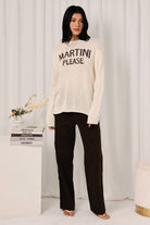 Lightweight Sunday Edition by LE LIS long sleeve sweater with round neck and "Martini Please" print, casual and stylish.