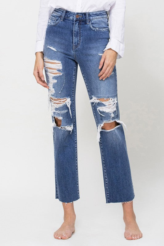 Distressed High Rise Ankle Straight Leg Jeans - Flying Monkey - RARA Boutique 