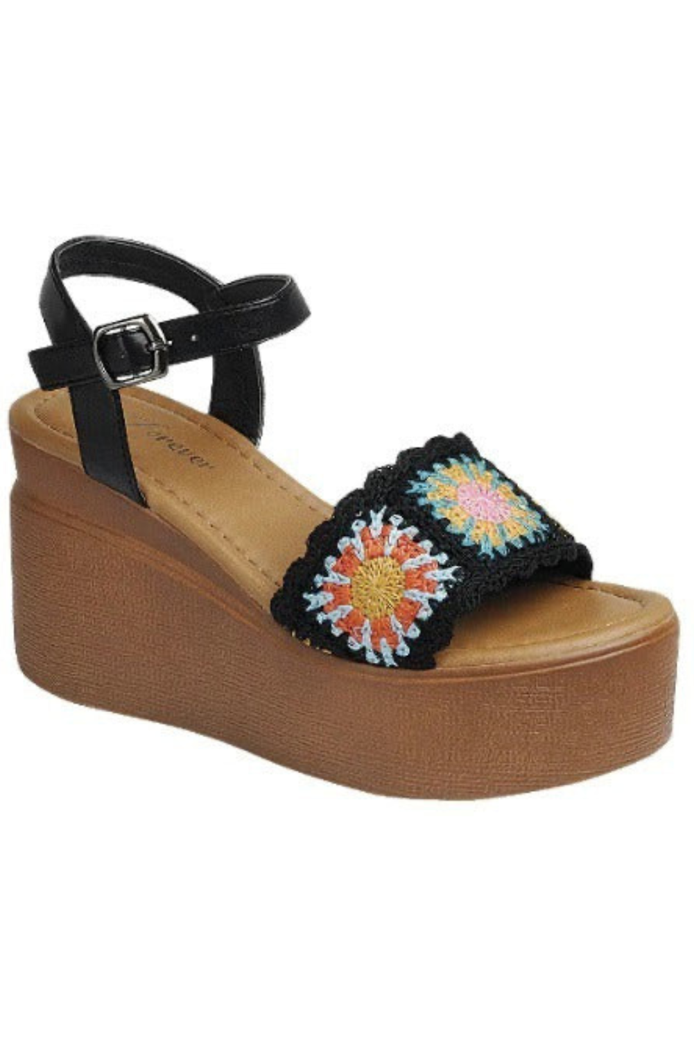 RARA Boutique granny square crochet wedge sandals with colorful woven straps and a comfortable wedge heel.