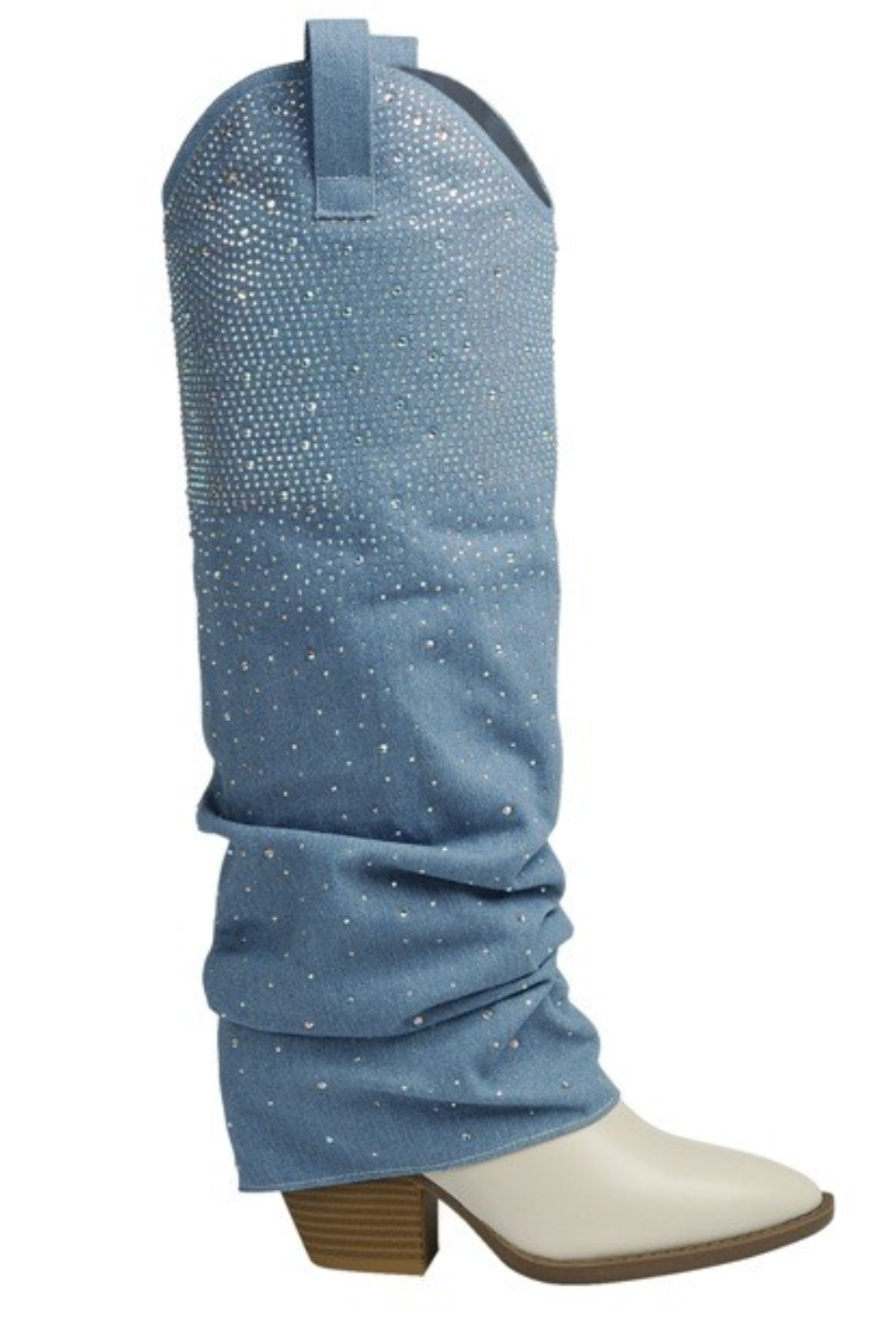 Rhinestone Slouchy Denim Two-Tone Fold Over Boots - Forever - RARA Boutique 