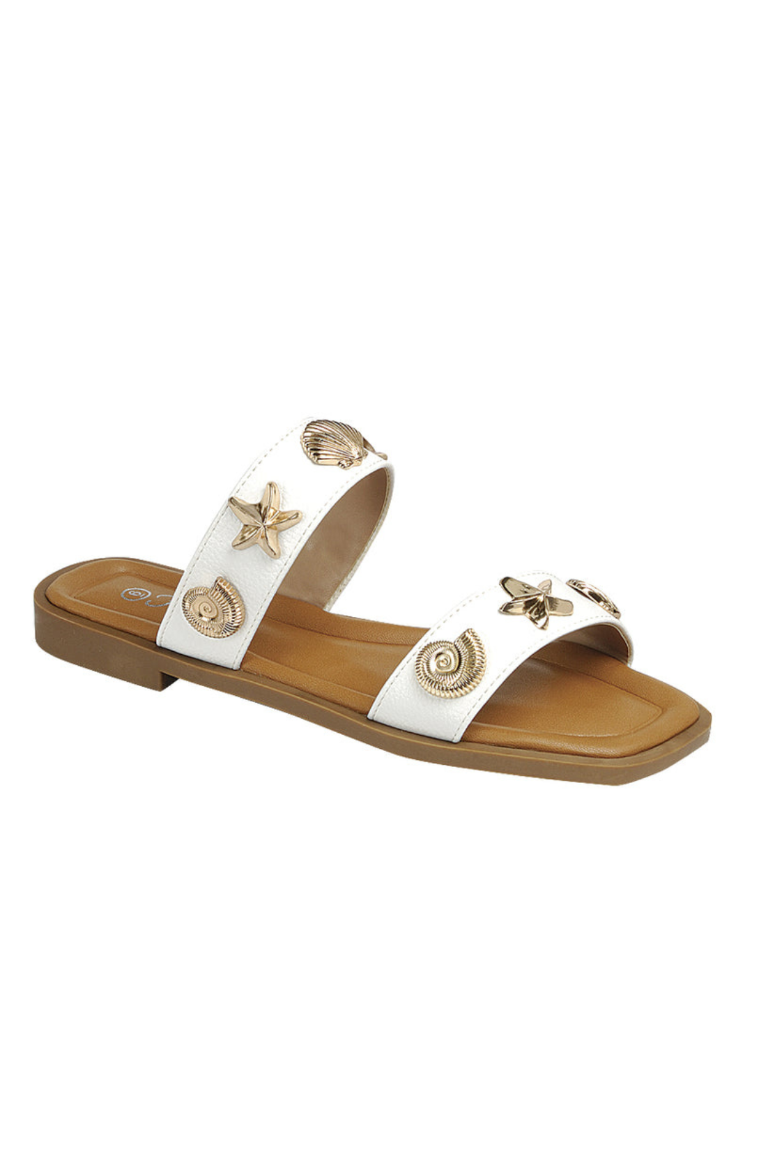 RARA Boutique nautical seashell charm double strap slide sandals with beach-inspired design and comfortable slip-on style.