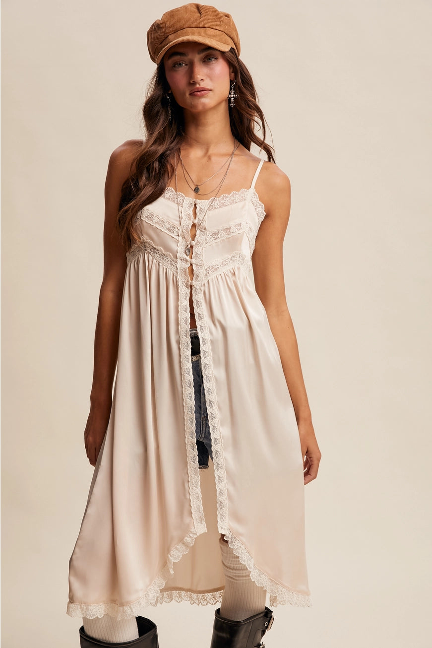 RARA Boutique satin lace trim maxi cami top with spaghetti straps and elegant design, perfect for stylish casual wear.
