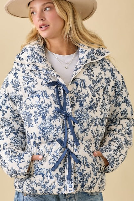 Vintage Horse Toile Print Puffer Jacket with Bows - Main Strip - RARA Boutique 